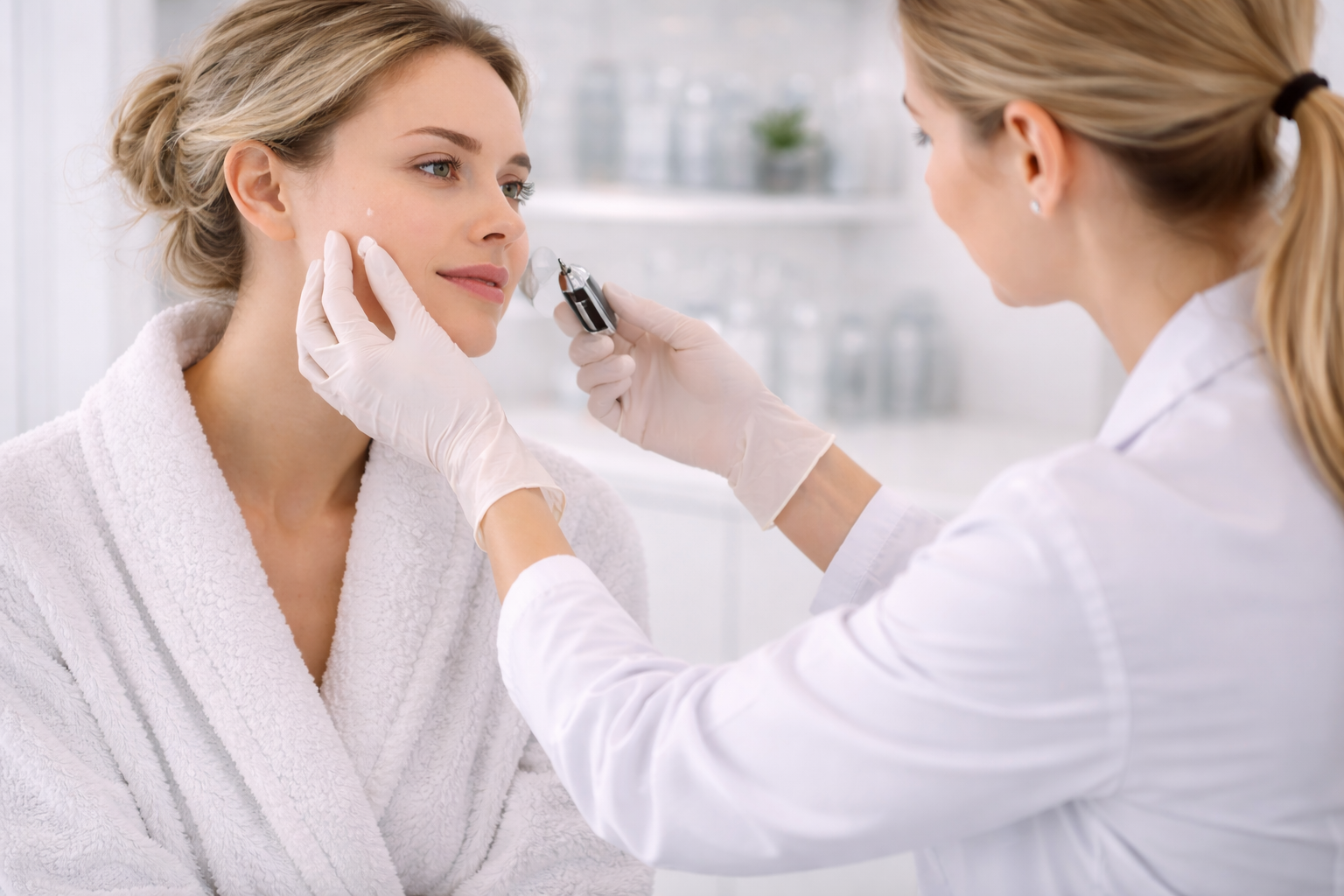 A doctor consulting with a patient, discussing their skin concerns and how Cryosonic Treatment can be tailored to their needs.